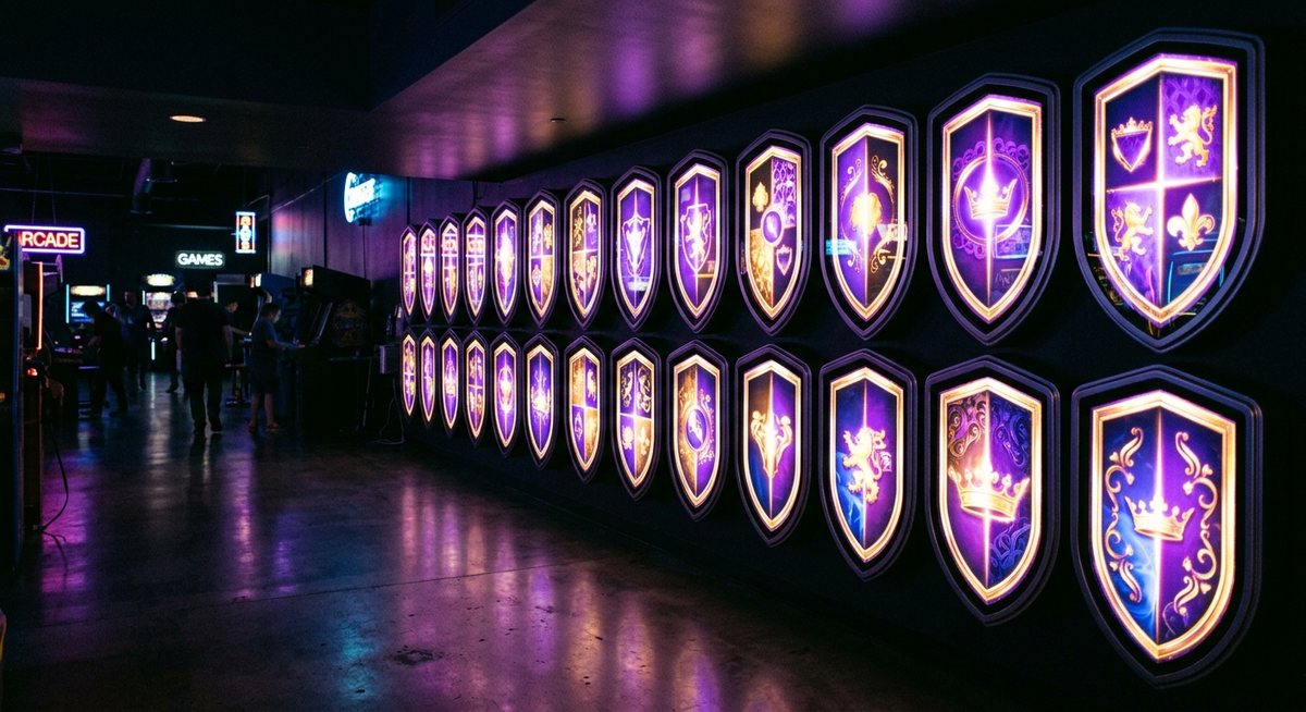 Deretan mesin slot modern layar digital bercahaya ungu dan emas membentuk barisan seperti perisai di arena gelap