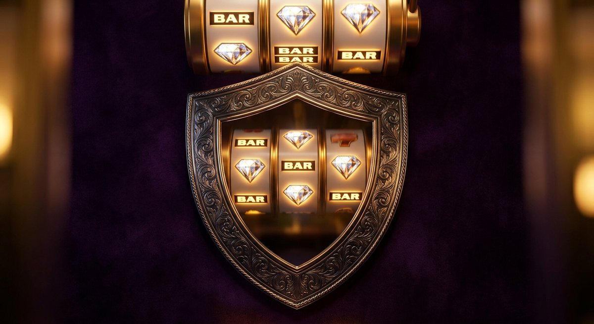 Gulungan mesin slot dengan simbol BAR dan diamond dipantulkan pada perisai logam terukir, cahaya lembut