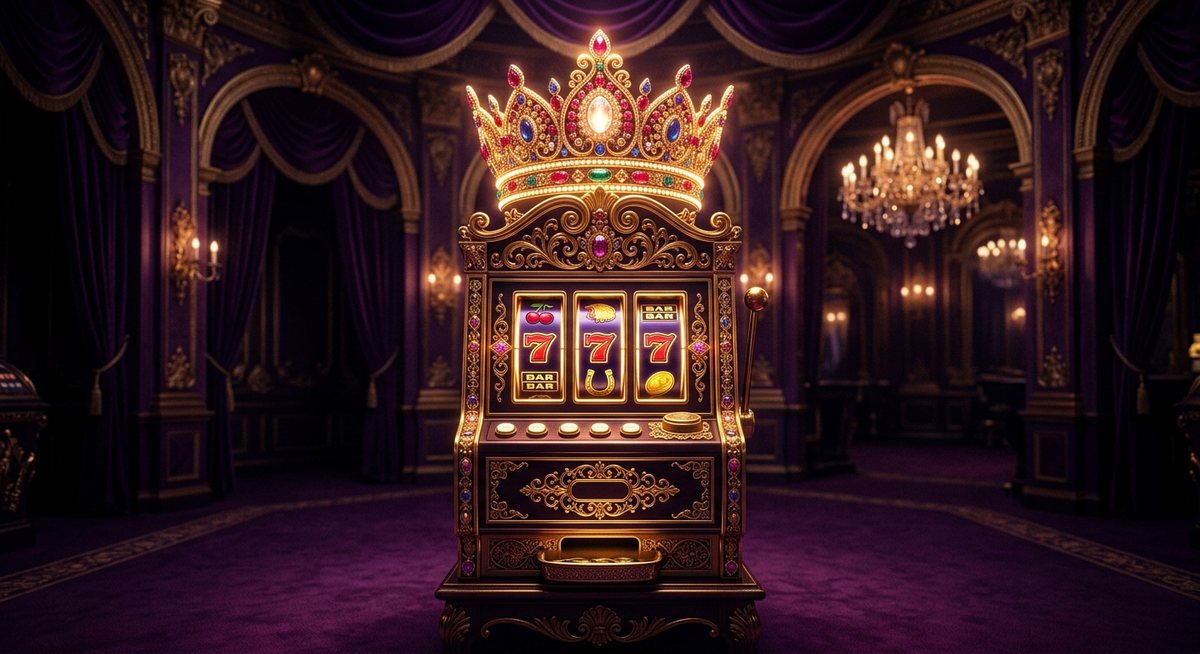 Mesin slot elegan dengan detail emas dan gulungan simbol berdiri di bawah mahkota logam besar bernyala, latar ungu gelap
